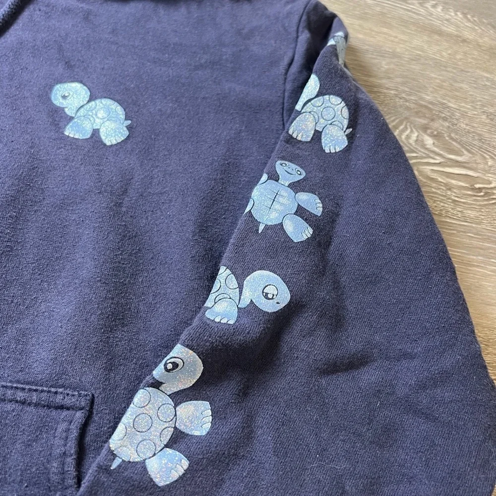 Y2K Blue Turtle Self Esteem Hoodie Womens L Navy Glitter Graphic Sleeve Print